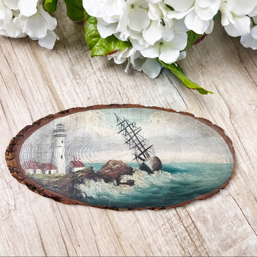 Vintage 1970’s Handprinted Nautical Scene on Natural Wood
